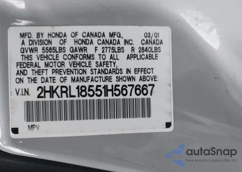 2001 Honda Odyssey Lx z USA, uszkodzony, nr VIN 2HKRL18551H567667